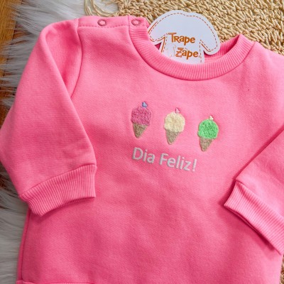  Conj. Blusa de Moletom Sorvetinhos "Dia Feliz" e Legging Corações - Rosa Neon